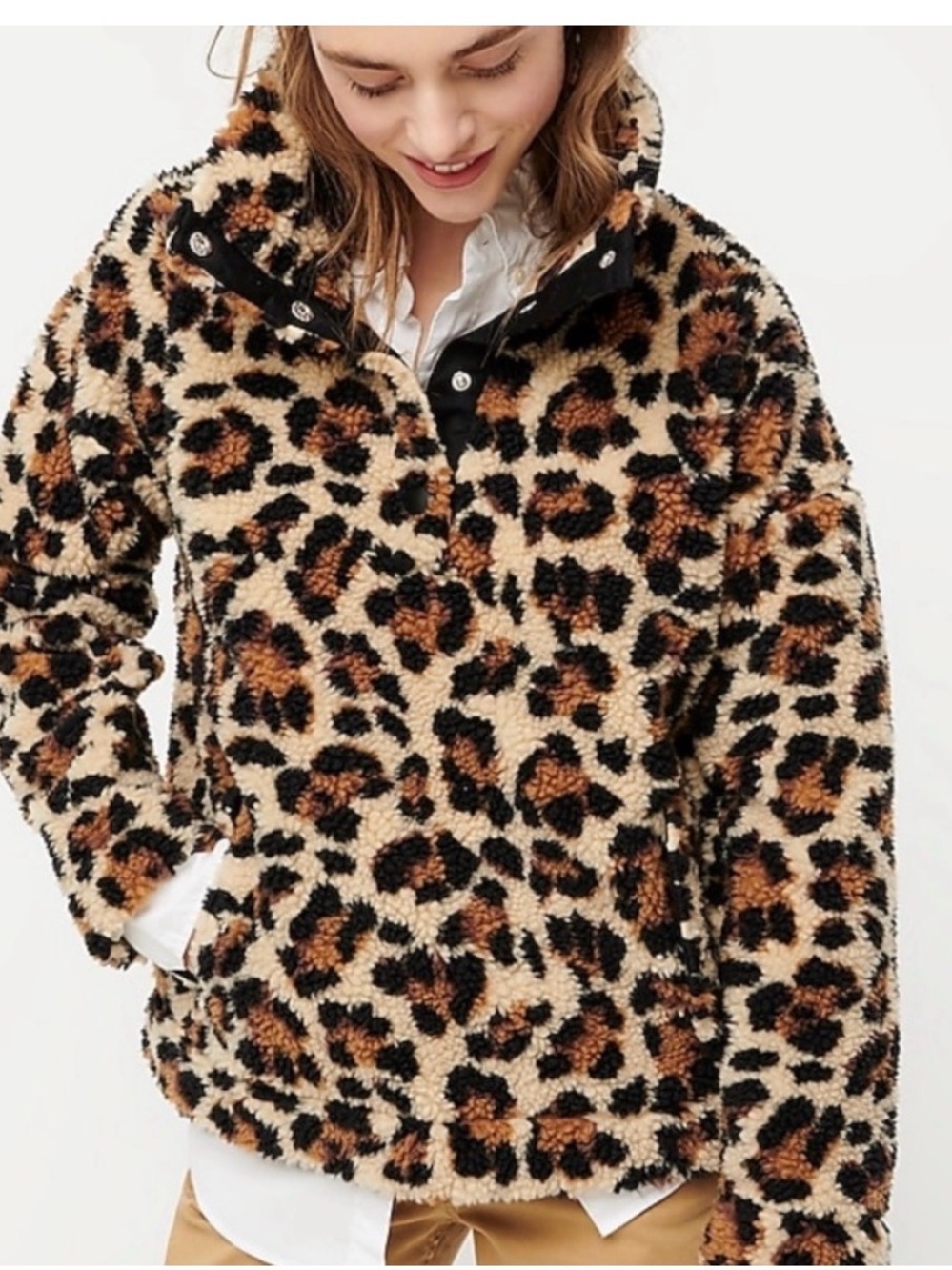 J Crew Sherpa Fleece Pullover Leopard Size Small